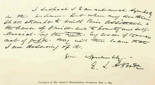 FACSIMILE OF MR. ABBOTT'S HANDWRITING, SANDOWAY, NOV. 1, 1849