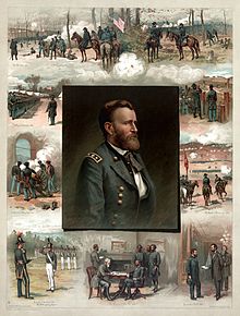 Grant's portrait is in the middle of a picture surrounded by his chronological military history starting with graduating from West Point, next the Mexican-American War, and finally Civil War events and battle scenes.
