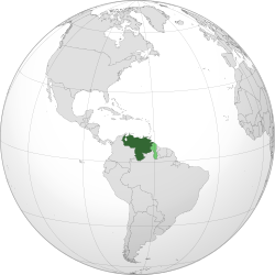 Area controlled by Venezuela shown in dark green;claimed but uncontrolled regions shown in light green.