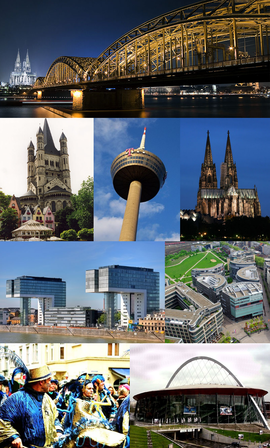 From top left to bottom: Hohenzollern Bridge by night, Great St. Martin Church, Colonius TV-tower, Cologne Cathedral, Kranhaus buildings in Rheinauhafen, MediaPark, people celebrating Cologne Carnival, and Kölnarena.