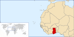 Location of  Ghana  (dark red)in Western Africa  (light yellow)