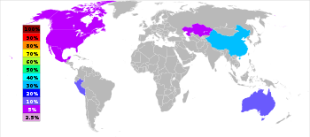 El mapamundi reviealing que alrededor del 40% de zinc se produce en China, 20% en Australia, 20% en Perú, y el 5% en Estados Unidos, Canadá y Kazajstán cada uno.