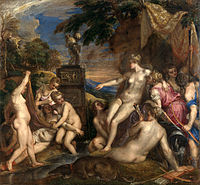 Pintura de dos grupos de mujeres en su mayoría desnudos; a la derecha, la diosa Diana señala acusadoramente a una mujer en el grupo de izquierda que se encuentra en el suelo en un estado de angustia.
