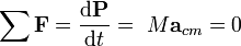 \ \ Sum {\ mathbf {F}} = {\ mathrm {d} \ mathbf {P} \ sobre \ mathrm {d} t} = \ M \ mathbf {a} _ {cm} = 0