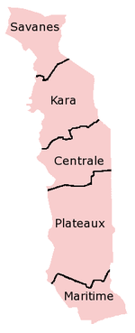 Un mapa interactivo de Togo exhibiendo sus cinco regiones.