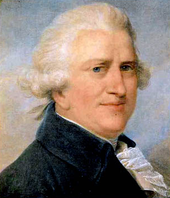 Cabeza y hombros retrato de una corpulenta, hombre de pelo blanco, de mediana edad, de tez rosada, capa de terciopelo azul y un volante