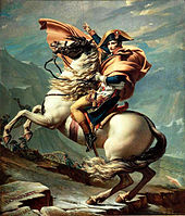Pintura Retrato de un caballo que se alza arriba en un ángulo de 45 grados con un hombre sentado en él y apuntando hacia delante con la mano derecha mientras sujeta las riendas con su izquierda