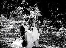 Una foto de dos actores, Toshiro Mifune y Machiko Kyo, dentro de un bosque, en una escena de la película de 1950 japonesa, Rashomon: Sra Kyo, una mujer joven y atractiva, es visto en un siglo 11 período kimono a la izquierda del cuadro, arrodillado a los pies de Mifune; Mifune, a la derecha del marco, vistiendo el traje aproximada de un bandido de la época, está mirando hacia abajo a la Sra Kyo como ella parece suplicarle.