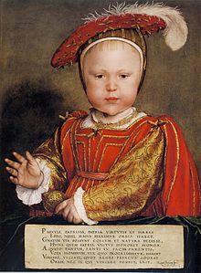 Pintura de Prince Edward cuando era un bebé, representado con esplendor real y un gesto regio. Está vestido de rojo y oro, y un sombrero con pluma de avestruz. Su rostro tiene rasgos delicados, mejillas regordetas y una franja de cabello rubio rojizo.