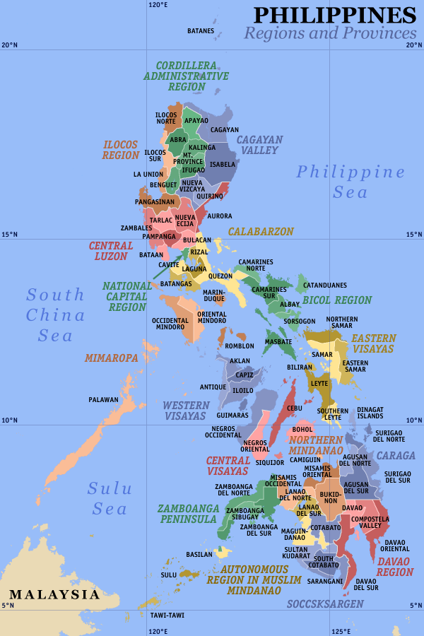 Un mapa interactivo de Filipinas exhibiendo sus 17 regiones y 80 provincias.