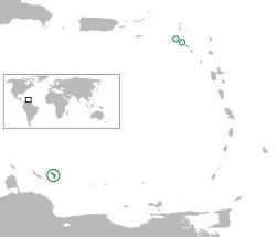 Localización de los municipios especiales de los Países Bajos (verde y círculo) en el Caribe (gris)
