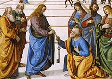 Pintar un Jesucristo aureolado pasa claves a un hombre arrodillado.