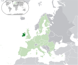 Ubicación de Irlanda (verde oscuro) - en Europa (verde y gris oscuro) - en la Unión Europea (verde) - [Leyenda]