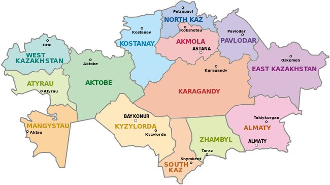 Un mapa interactivo de Kazajstán exhibiendo sus provincias.