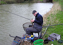 Hombre sentado en el lado del agua rodeado de cañas de pescar y aparejos.