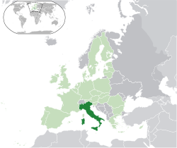 Localización de Italia (verde oscuro) - en Europa (verde y gris oscuro) - en la Unión Europea (verde) - [Leyenda]