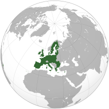 Una proyección ortográfica del mundo, destacando la Unión Europea y sus Estados miembros (verde).