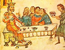 Krum festejando con sus nobles después de la batalla de Pliska, detalle de la crónica Manasés