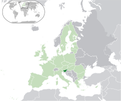 Ubicación de Eslovenia (verde oscuro) - en Europa (verde y gris oscuro) - en la Unión Europea (verde)