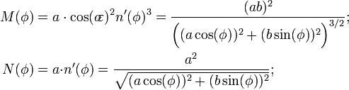\begin{align}M(\phi)&=a\cdot\cos(o\!\varepsilon)^2n'(\phi)^3=\frac{(ab)^2}{\Big((a\cos(\phi))^2+(b\sin(\phi))^2\Big)^{3/2}};\\ N (\ phi) y = a {\ cdot} n '(\ phi) = \ frac {a ^ 2} {\ sqrt {(A \ cos (\ phi)) ^ 2 + (b \ sin (\ phi) ) ^ 2}}; \ end {align} \, \!