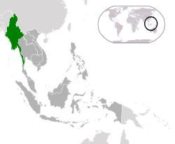 Ubicación de Birmania (verde) en la ASEAN (gris oscuro) - [Leyenda]