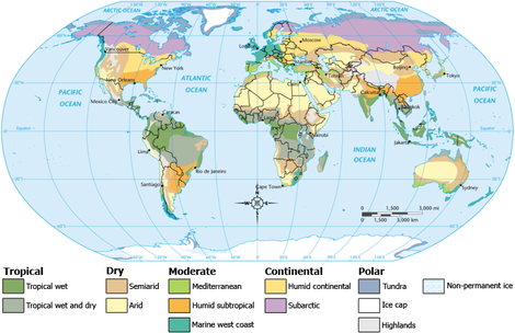 Mapa de mundo dividindo zonas climáticas, em grande parte influenciada pela latitude. As zonas, passando a partir do equador para cima (e para baixo) são Tropical, Seco, Moderado, Continental e Polar. Existem subzonas dentro destas zonas.