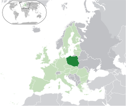 Localização da Polônia (verde escuro) - na Europa (verde e cinza escuro) - na União Europeia (verde) - [Legend]